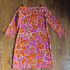 Barbara Gerwit Elegant Floral 3/4 Sleeve Knee Length Dress Orange/Pink Size M